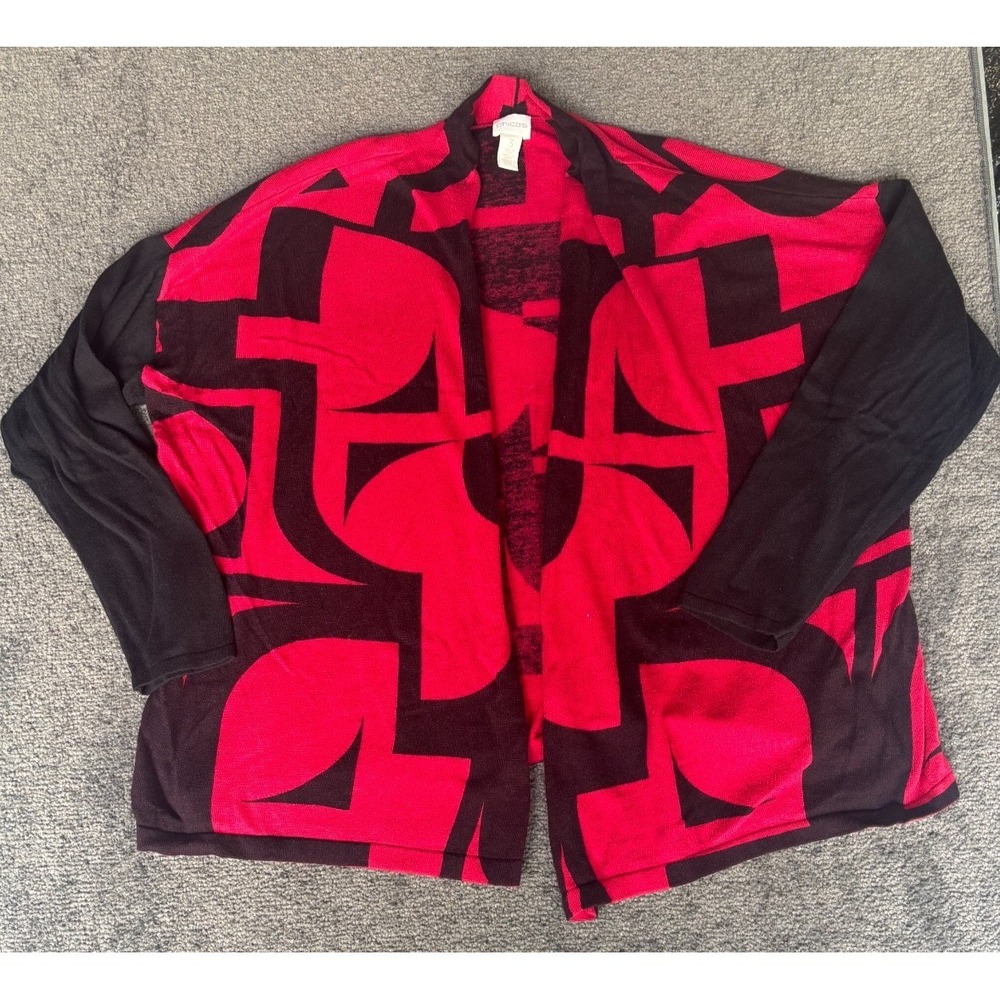 Chico's Cardigan Sweater Women's Size 3 Black Red Cotton Knitted Long Sleeve